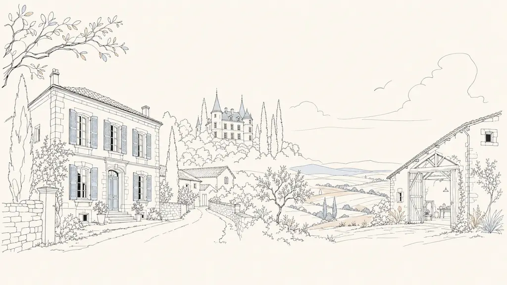 Editorial photograph of a Gers property comparison scene, showing a stone maison de maître with shuttered windows near a village lane, a distant small château behind trees, and an old farmhouse barn with wide countryside view, natural light, no text, no logo