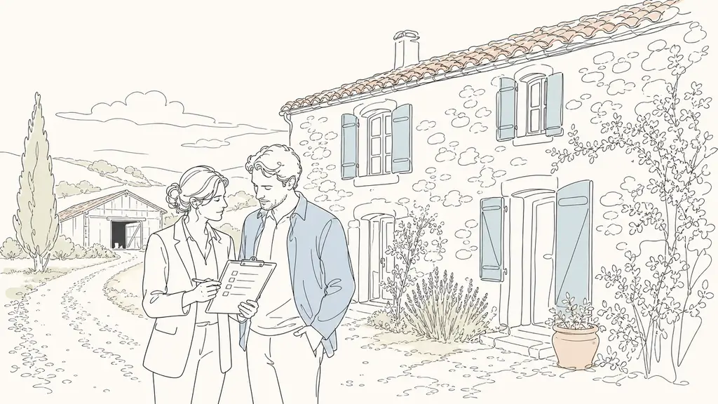 Editorial photograph of a Gers property evaluation visit, showing a buyer and agent reviewing a paper checklist beside an old stone house, visible roof tiles and shuttered windows, with a gravel access lane and a weathered barn dependency in the background, natural light, no text, no logo