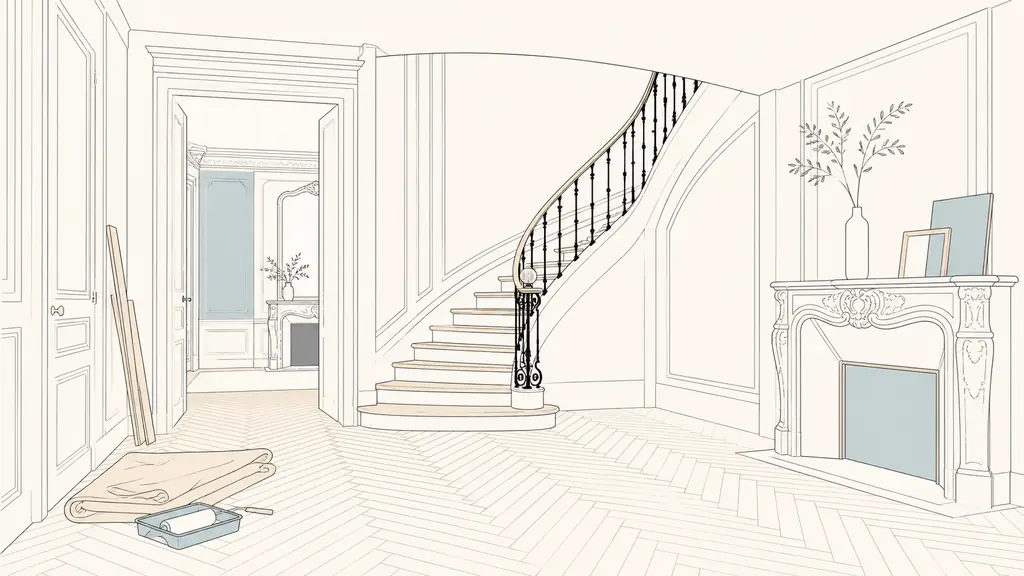 Editorial photograph of a French bourgeois house interior under renovation, featuring an original staircase, herringbone parquet flooring and an ornate stone fireplace, natural daylight, no text or logo