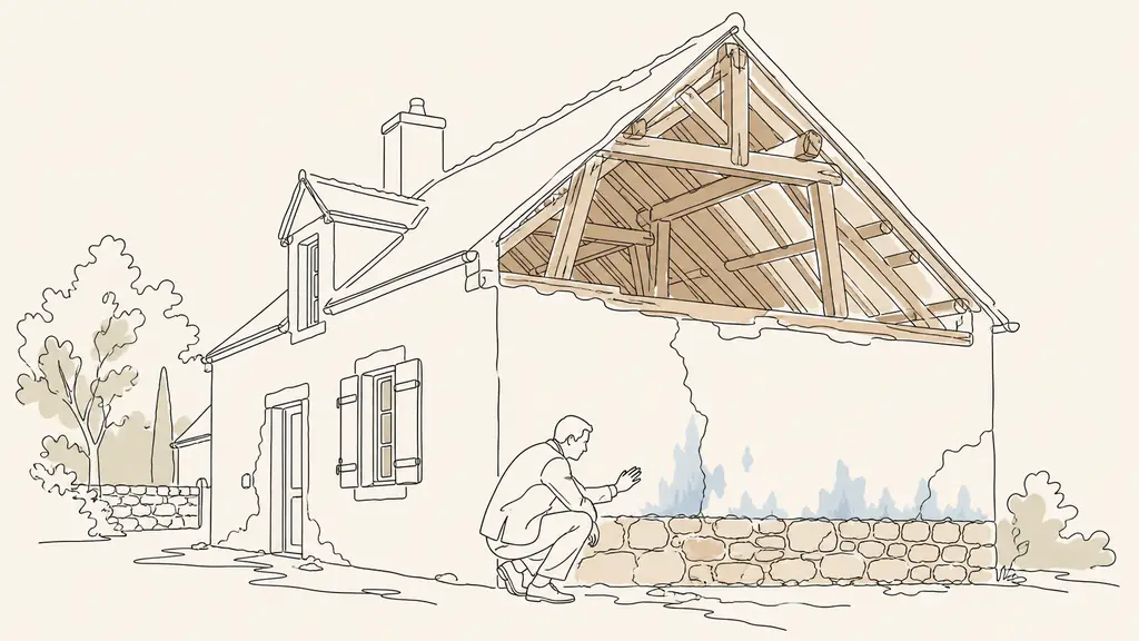 Editorial photograph of an architect inspecting damp marks beside a cracked stone foundation while examining exposed roof timbers in the attic of a French period house, no text or logo