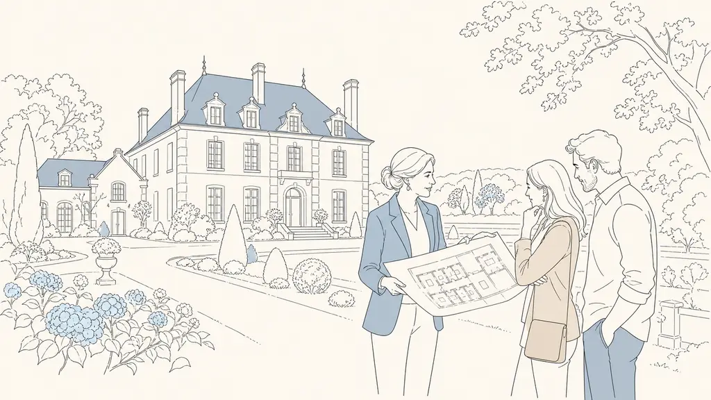 French stone manor in Gournay-en-Bray style with a formal garden, wooded grounds and an estate agent showing floor plans to a visiting couple, editorial photography, no visible text or logo