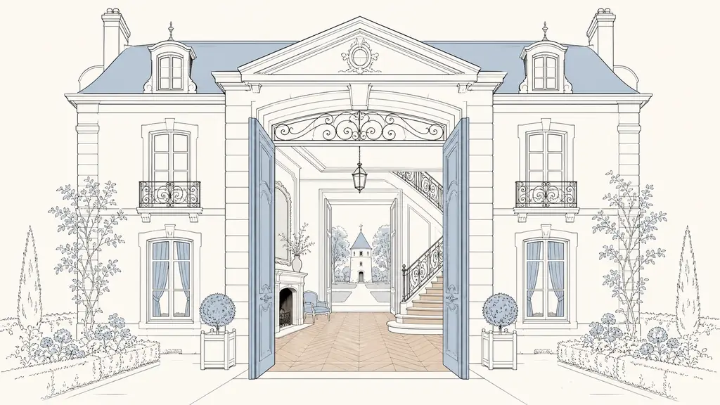 Symmetrical French manor facade opening onto a central staircase hall with oak parquet, stone fireplace and a pigeon loft visible across the wooded park, editorial photography, no text or logo