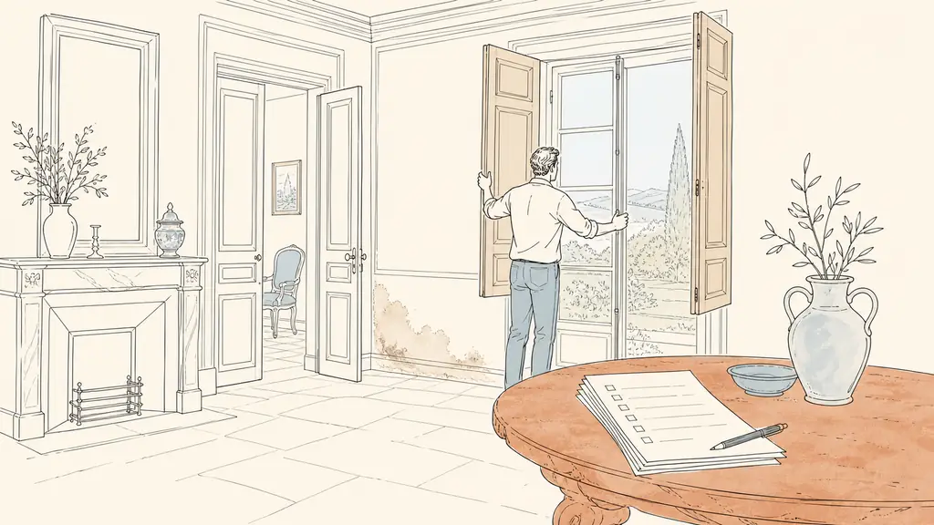 editorial photo of a buyer inspecting a Gers maison de maître, opening tall wooden shutters in a bright room, a damp stain visible near the base of the wall, and a handwritten renovation checklist on an old terracotta table, no text no logo