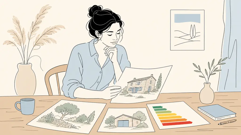 A woman at a wooden table comparing printed property sheets showing a stone Gascon house with a garden and garage, alongside a color-coded energy performance chart, warm editorial photography, no readable text, no logo