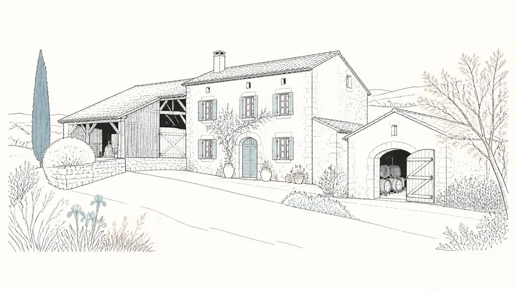 A traditional stone Gascon farmhouse with an adjoining timber barn and old wine storehouse, surrounded by a gently sloping rural garden, warm editorial photography, no text, no logo