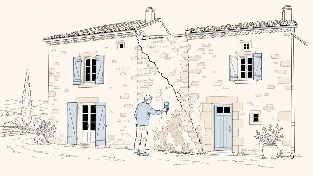 French building surveyor examining a diagonal crack and damp blistering on the shared stone wall of an attached Gascon house, with an acoustic meter placed against the wall