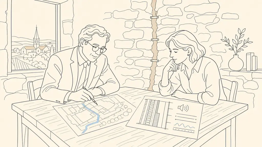 A notary and homeowner reviewing a marked passage easement plan beside an acoustic insulation quotation, inside a stone village house near Fleurance with a repaired wall crack visible