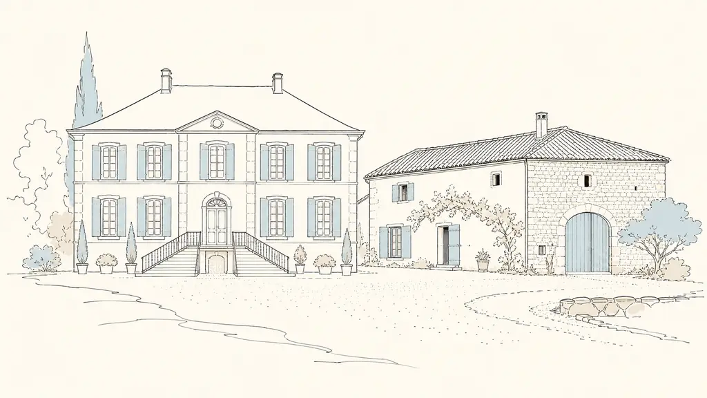 editorial photo of two Gascony house facades side by side, one symmetrical maison de maître with tall shuttered windows and central staircase, one rustic farmhouse with attached stone barn and gravel courtyard, soft natural light, no text, no logo