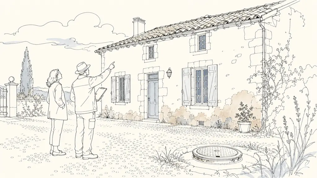 editorial photo of a buyer and surveyor inspecting a Gascony house exterior, looking at roof tiles and a damp lower wall near stone facade, with an old septic tank cover and gravel courtyard visible, soft overcast light, no text, no logo