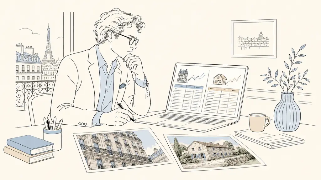 French property analyst comparing apartment and house price tables on a laptop, with a Paris apartment façade and a rural stone house visible in two printed photographs