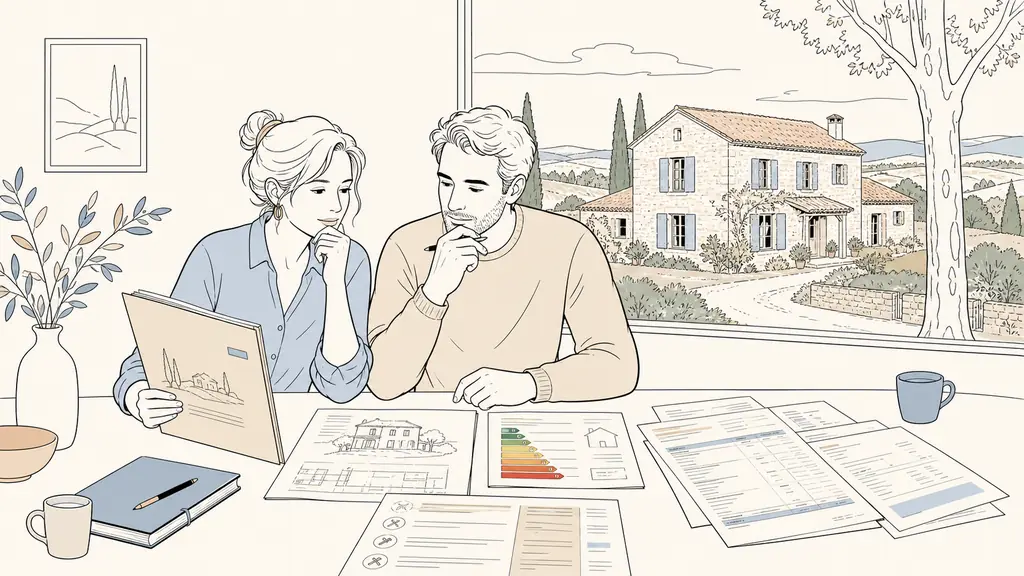 French couple reviewing a rural house sales file beside a DPE report and renovation estimates, with a Gers stone house visible through the window