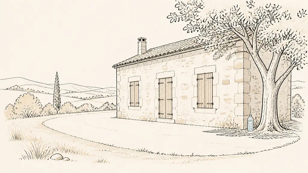 Editorial photograph in the Gers showing closed wooden shutters on a stone house, a water bottle in the shade, and dry grass cleared away from the property, no text or logos