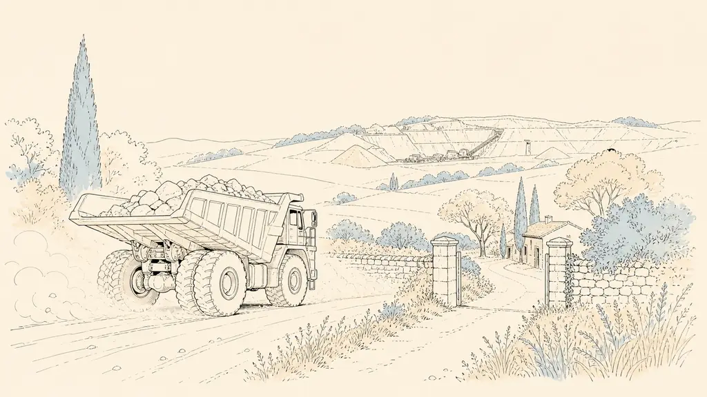 Editorial photograph near Mialanes on a working weekday, showing a heavy truck passing a rural property entrance, light dust on roadside vegetation and the quarry visible beyond the sloping terrain, no text or logos