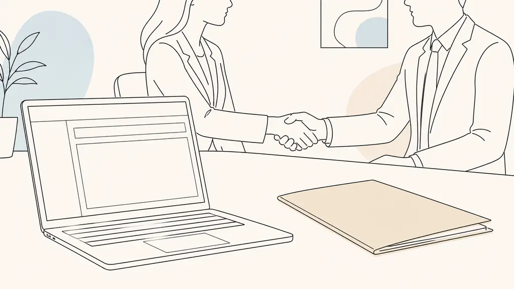 Close-up editorial photograph of a laptop with a blank email subject field, a separate settlement letter folder, and two people confirming the terms at the start of a meeting, no visible text or logos