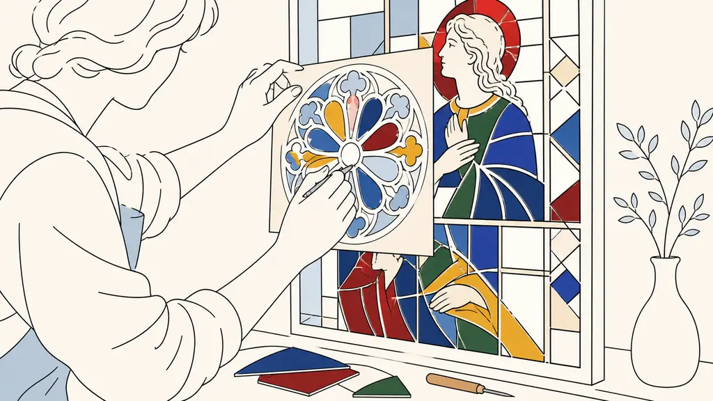 Close-up editorial photograph of a contemporary stained-glass study with vivid blue, red, yellow and green figurative pieces, geometric background patterns and an artisan applying a rose-window motif through a stencil, soft white light passing through the glass, no text, no logo