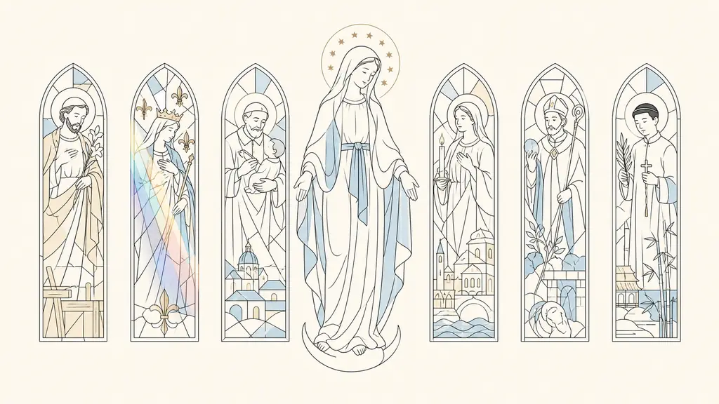 Editorial photograph of six tall stained-glass studies depicting Saint Joseph, Saint Clotilde, Saint Vincent de Paul, Saint Genevieve, Saint Denis and Saint Paul Chen gathered around the Virgin Mary, with colored light diffracting across the Saint Clotilde panel, no text, no logo