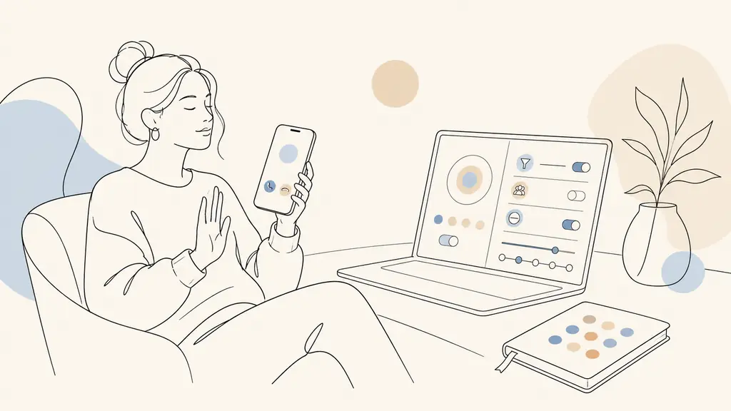 A person declining an incoming call on a smartphone beside a laptop showing an abstract call-filter interface and a notebook marked with twelve colored dots, editorial photography, no text, no logos