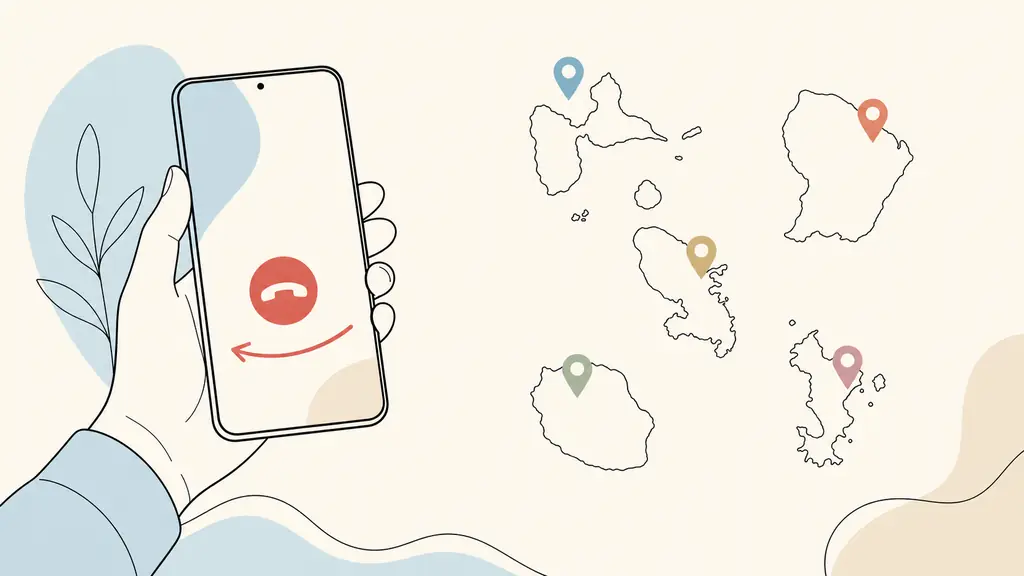 A person declining an incoming call on a smartphone beside an unlabelled map showing Guadeloupe, Guyane, Martinique, La Réunion and Mayotte with five colored location markers, editorial photography, no text, no logos