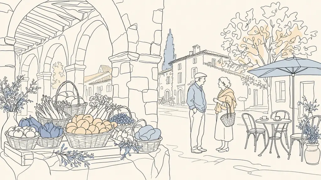 Editorial photo of a Saturday morning market in a Gers village, baskets of seasonal produce under a stone arcade, two neighbors talking beside a café terrace, warm natural light, no text, no logo