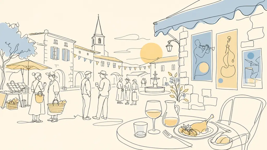 Editorial photo of a summer evening in Marciac, jazz concert posters near a village square, glasses and a plate of duck specialties on a café table, locals talking after the market, warm golden light, no text, no logo