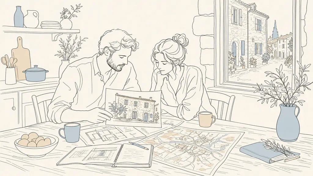 Editorial photo of a couple reviewing a stone house listing at a wooden kitchen table, with renovation notes, a village map, and a view through the window toward a quiet Gers street with old stone facades, no text, no logo