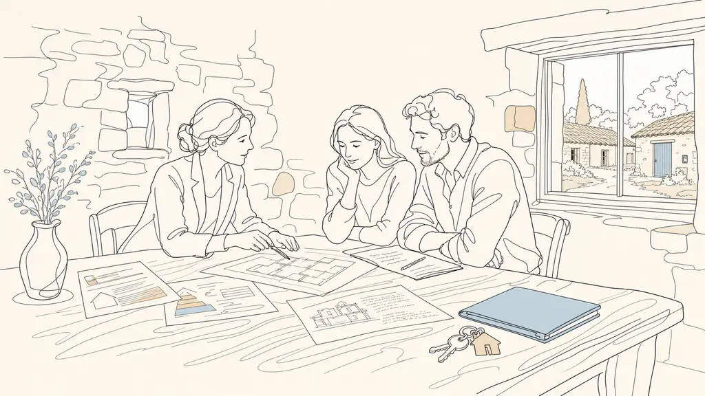 Editorial photo of a real estate agent and a couple at a wooden table in a Gers stone house, reviewing printed diagnostics, a floor plan and handwritten renovation notes, with keys beside a folder and a view of outbuildings through the window, no text, no logo