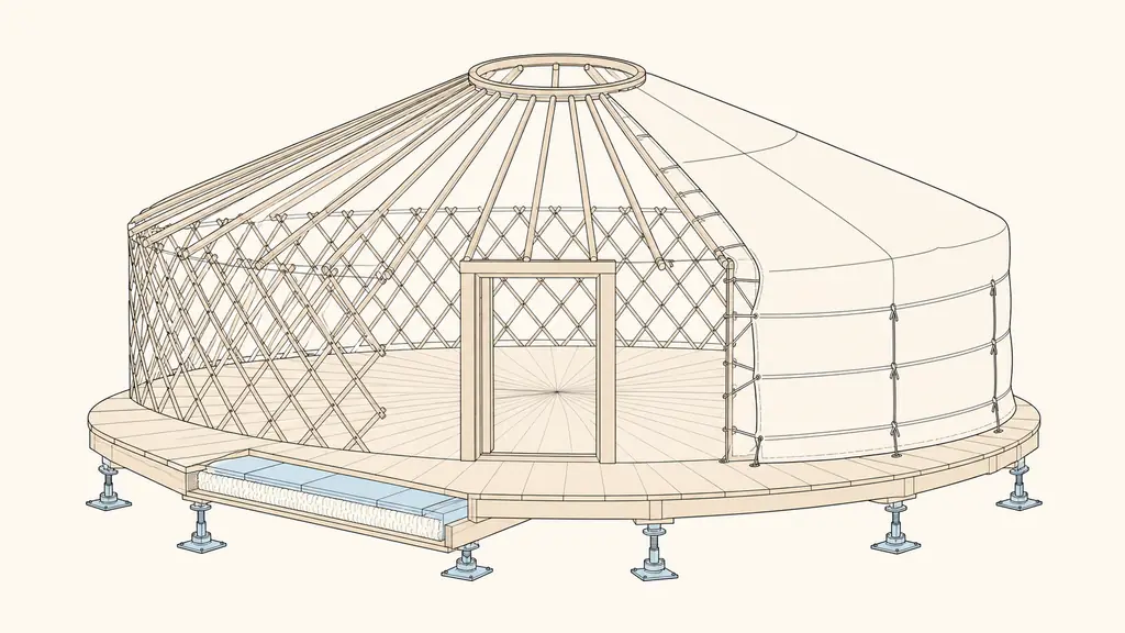 editorial photograph of a 40 square metre canvas yurt being assembled on an insulated wooden floor, with adjustable foundation plots and exposed timber framing, no text or logo