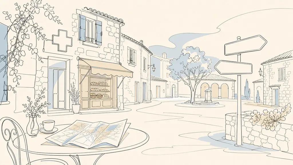 Editorial photo of a stone village square in the Gers, with a pharmacy sign, a bakery storefront, and a real estate map spread on a café table, road signs pointing toward Auch, Lectoure, and Condom, soft morning light, no text or logo