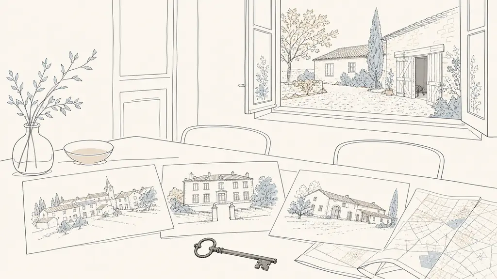 Editorial photo of a real estate viewing table in rural Gascony, with property sheets showing a village house, a stone maison de maître and a farmhouse with outbuildings, an old iron key, a folded cadastral map, and a view through the window onto a gravel courtyard and barn doors, soft natural light, no text or logo