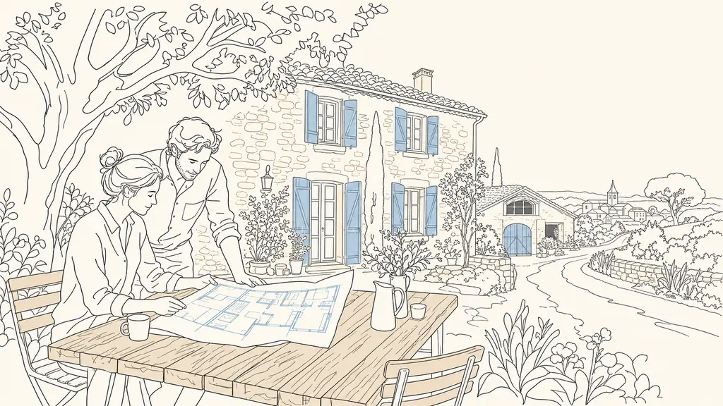 Editorial photo of a stone house in the Gers with blue shutters, a real estate buyer couple studying a floor plan on a wooden outdoor table, visible barn outbuilding in the background, mature shaded garden and village road nearby, no text or logo