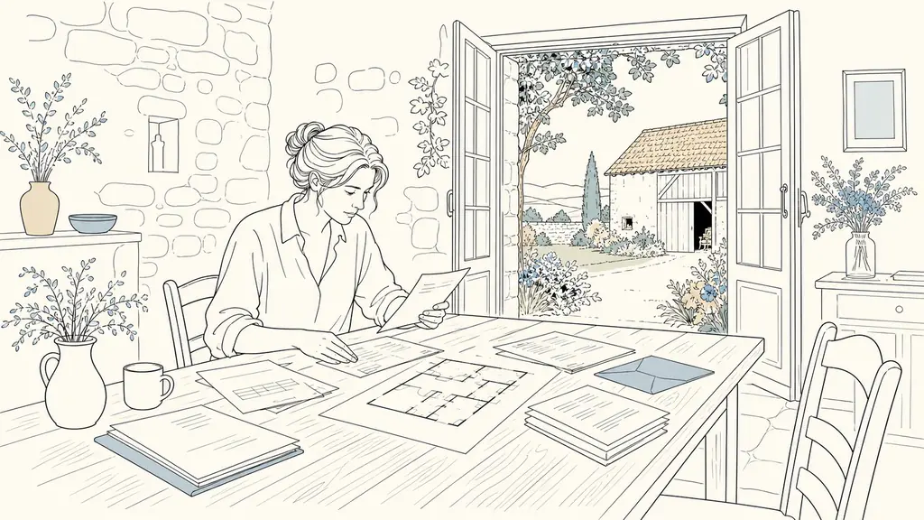 Editorial photo of a real estate seller in a stone house in Gascony laying out invoices, diagnostic papers, and a simple floor plan on a wooden dining table, with an open view toward a shaded garden and a barn visible through French doors, no text or logo