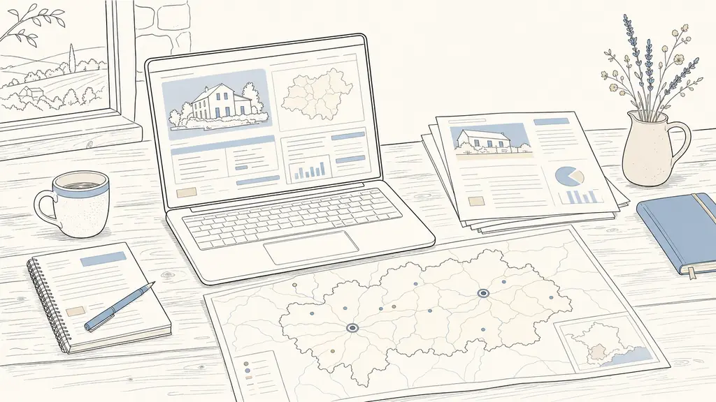 Editorial photo of a rustic wooden desk with a laptop open on an official French property data page, printed notes titled Service Public and DVF, a paper map of the Gers with towns like Auch and Lectoure marked, natural daylight, no text or logo