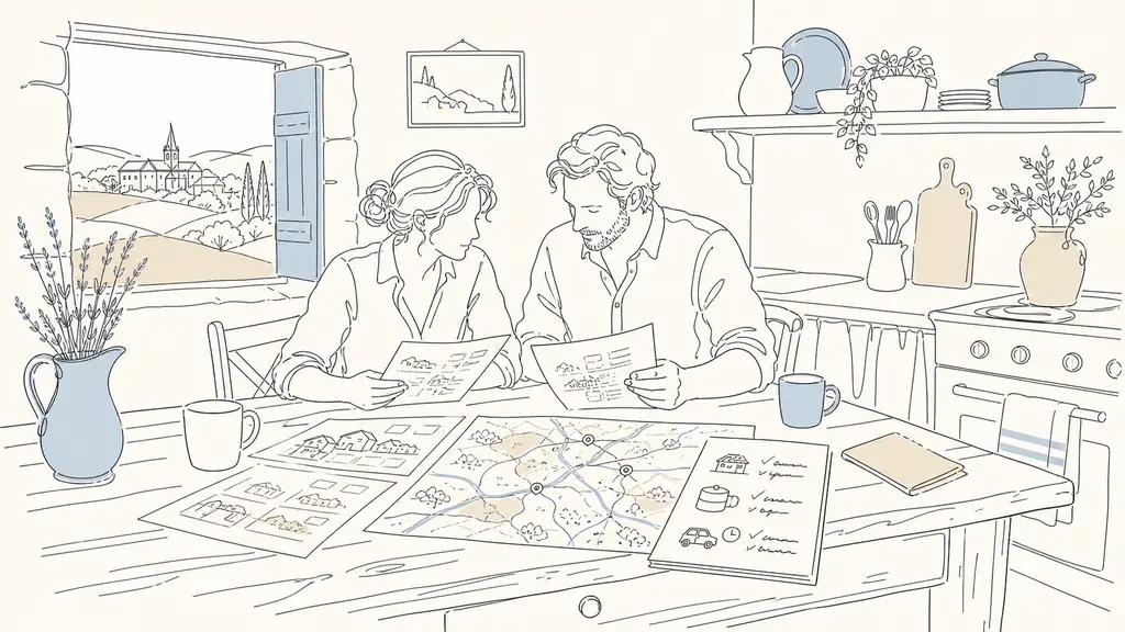 Editorial photo of a couple seated at a farmhouse kitchen table in the Gers, comparing printed DVF sales sheets and a village services map, with handwritten notes about roofing, septic system, and driving times to Lectoure and Fleurance, natural daylight, no text or logo