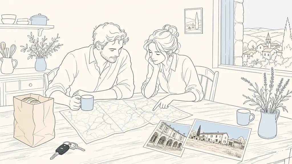 Editorial photograph of a couple at a wooden kitchen table comparing a folded road map of Gers, car keys, a paper bag from a village bakery, and two printed real estate photos, one of a stone village house under arcades and one of a rural farmhouse with outbuildings, soft morning natural light, no text, no logo