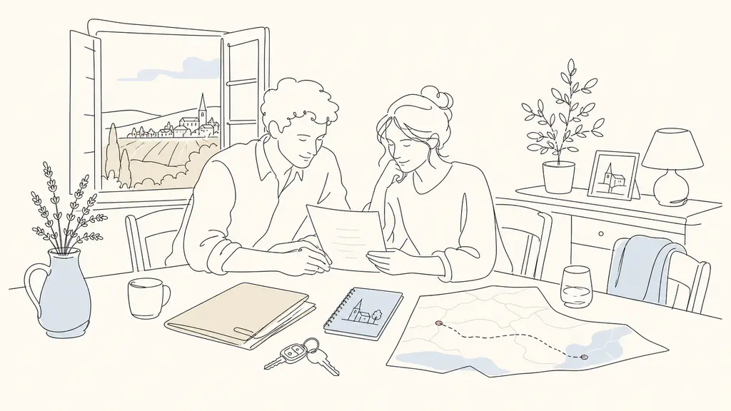 Editorial photograph of a couple at a dining table in a temporary rental in rural France, checking a handwritten moving checklist beside a folder with passports and health documents, a village school note, and car keys next to a paper map marked between Auch and Toulouse, soft natural daylight, no text, no logo