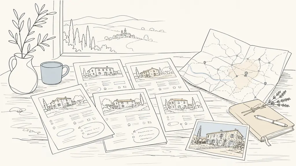editorial real estate search scene in rural Gascony, printed property listings on a wooden table with handwritten notes for budget, travel times to Auch and Toulouse, and renovation costs, next to a map of Gers villages and a stone house photo, natural light, no text or logo
