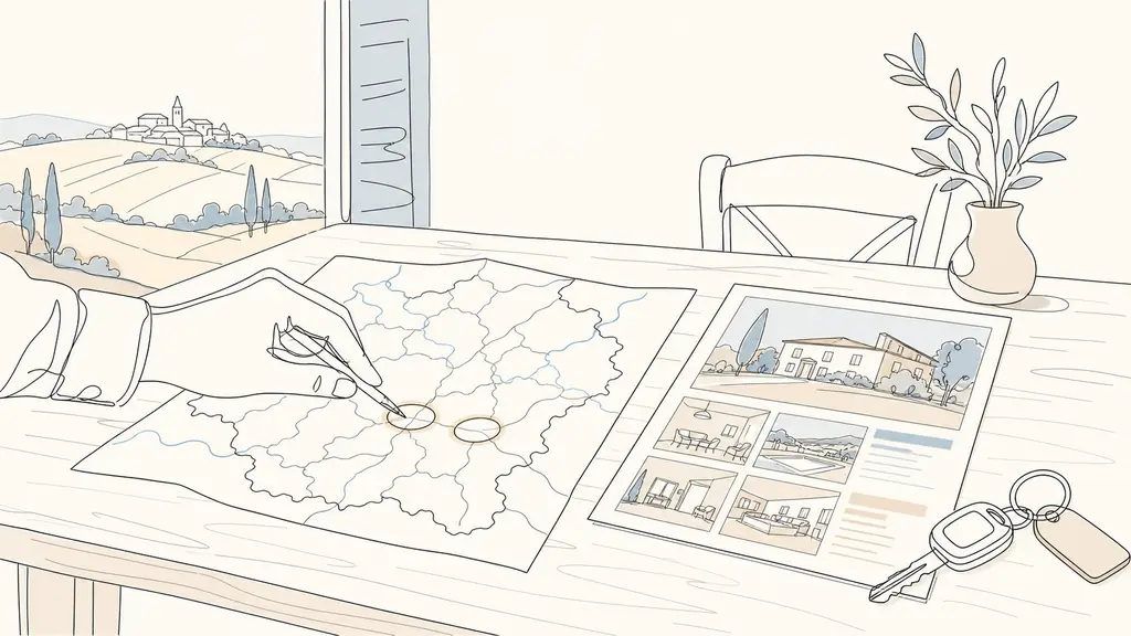 editorial real estate map on a wooden table in southwest France, a hand circling Lectoure and Fleurance on a paper map of Gers, next to a printed property listing labeled 'Gascogne' and car keys, natural daylight, no text or logo