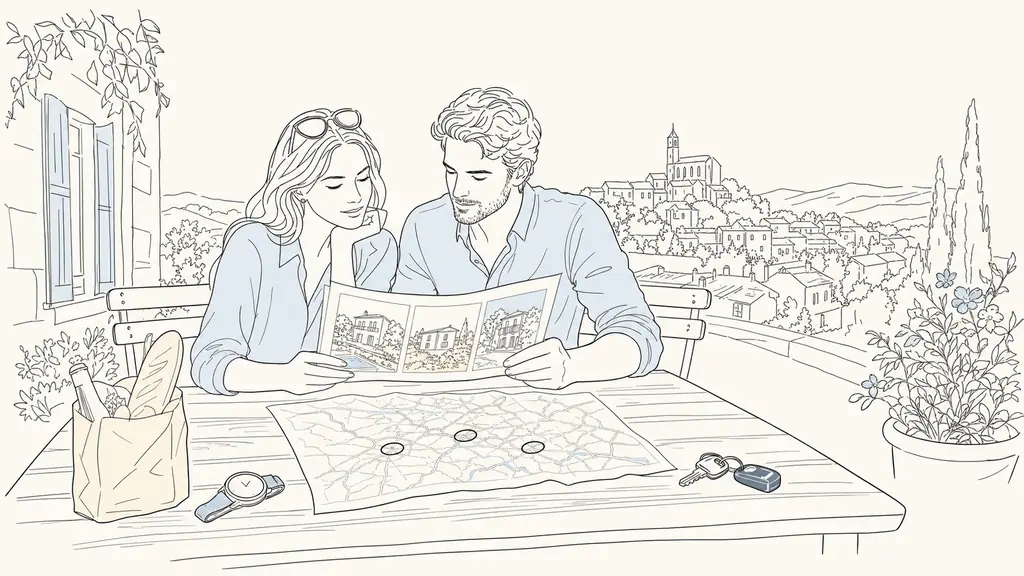 editorial photo of a couple comparing three house listings at a wooden cafe table in southwest France, a folded road map with circles around Lectoure, Fleurance and Auch, a wristwatch, car keys, and a small grocery bag, natural daylight, no text or logo