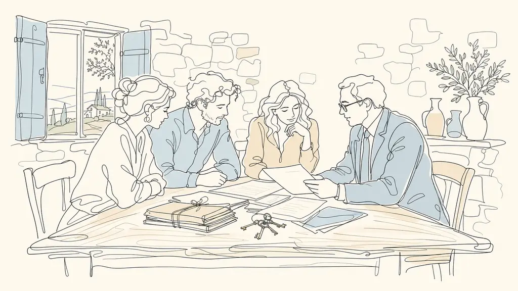 Editorial photo of siblings and a notary reviewing old property deeds, tax papers and house keys on a wooden table in a rustic Gascony farmhouse, with stone wall and shuttered window, no text no logo>
