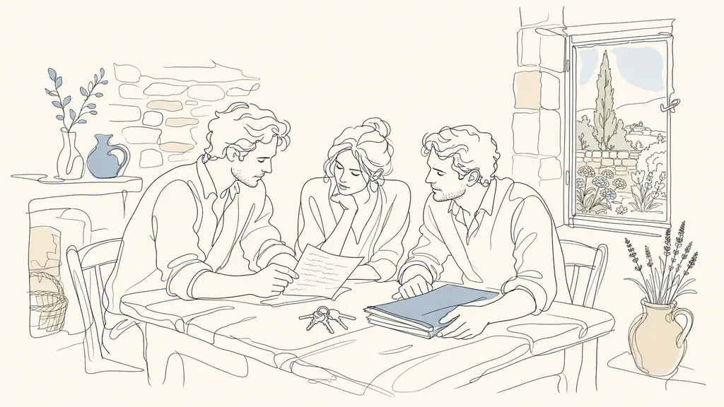 Editorial photo of three adult siblings at a rustic kitchen table in a Gascony stone house, comparing a handwritten maintenance budget, house keys, and a folder of renovation quotes, with garden visible through the window, no text no logo>