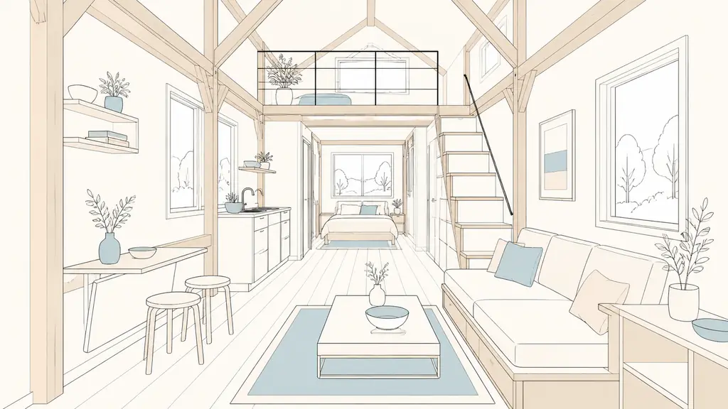 Bright tiny house interior with a ground-floor bedroom at the end of the main room, convertible sofa and visible FSC timber structure, editorial architectural photography, no text or logo