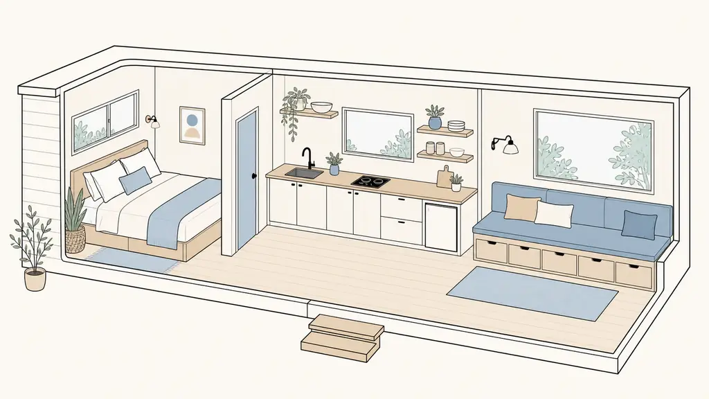 Editorial interior photograph of a ground-floor tiny house showing a fixed bedroom at one end, a linear kitchen, and storage drawers built beneath a convertible bench, no text or logo