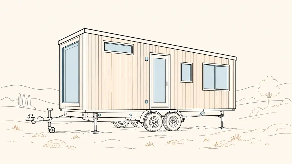 Editorial photograph of a compact timber tiny house mounted on a homologated trailer, with the tow bar visible and adjustable feet stabilizing it on slightly uneven rural ground