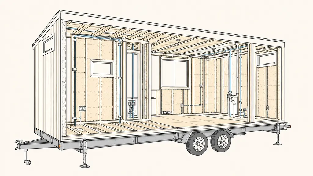 Editorial photograph inside a partially finished tiny house, showing exposed insulation and utility conduits, with a galvanized trailer frame and adjustable leveling feet visible outside