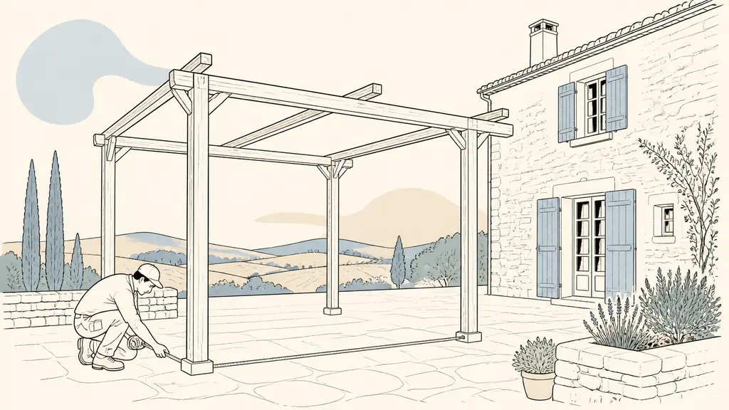 Editorial photograph of an open timber pergola frame with no roof, a surveyor measuring along the outside edges of its posts beside a rural French house, visible crossbeams and stone terrace, no text or logo