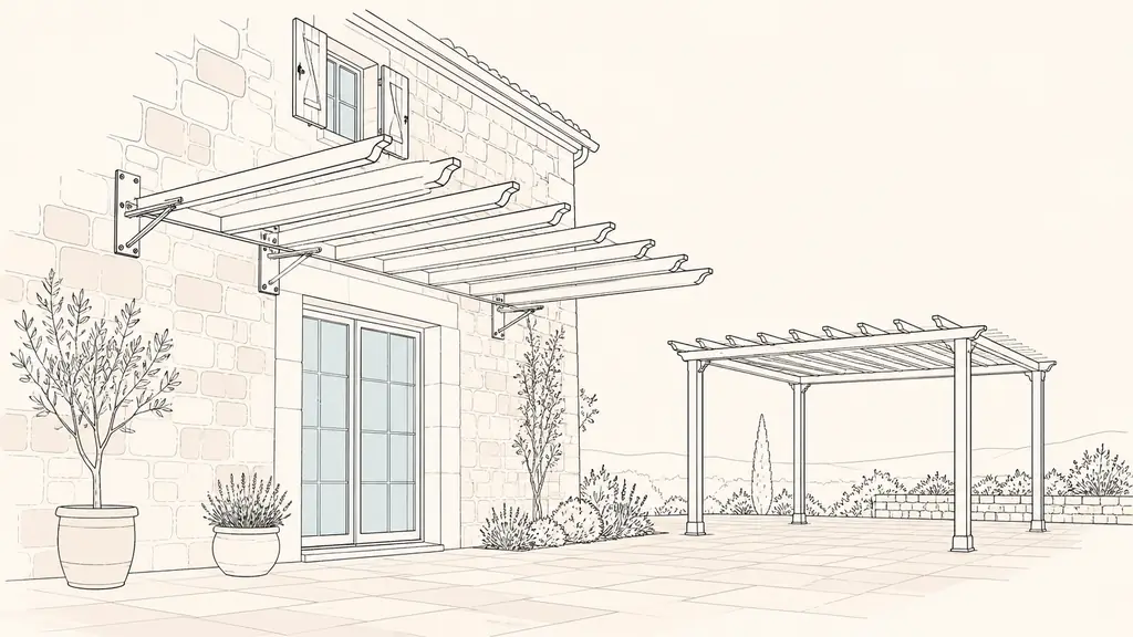 Editorial photograph of a wall-mounted open pergola beside a French stone house, showing its metal wall fixings and a glazed patio door, with a freestanding pergola on separate posts visible farther across the terrace, no text or logo