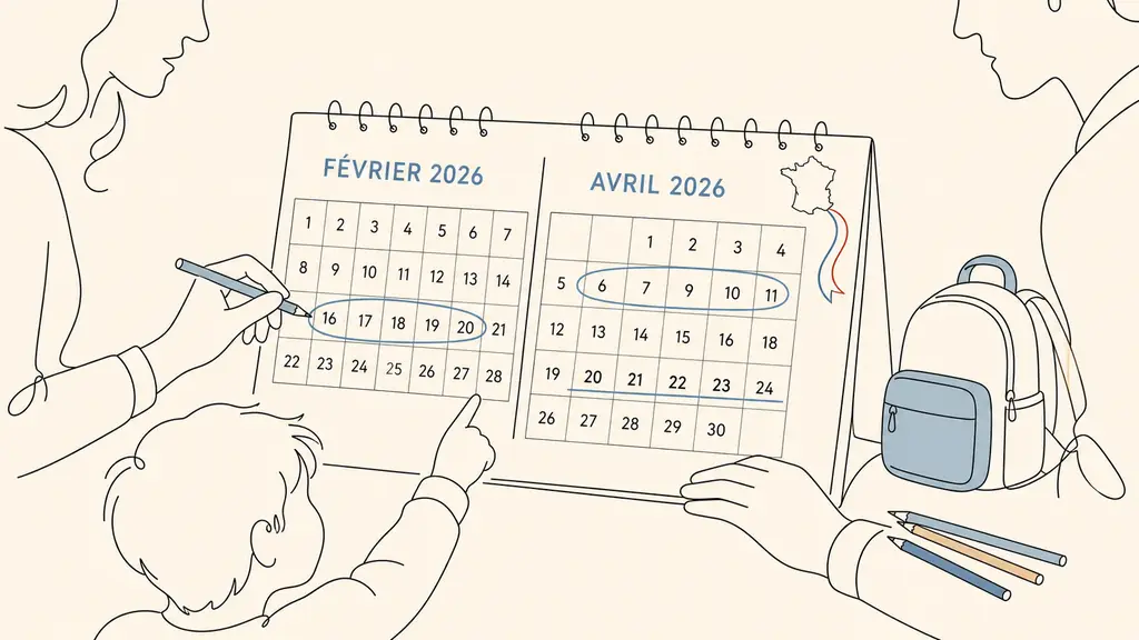 French family marking February and April 2026 school holiday dates on a paper calendar beside a child’s schoolbag and colored pencils