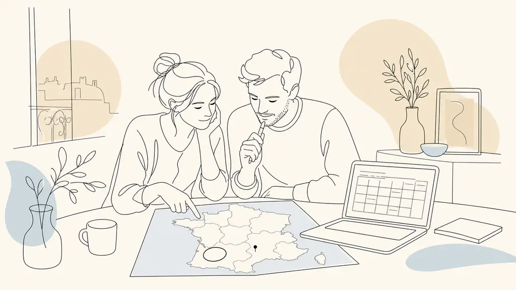 Couple checking a French academy map beside a laptop displaying a school calendar, with the Gers department circled and Toulouse marked, no visible text or logos