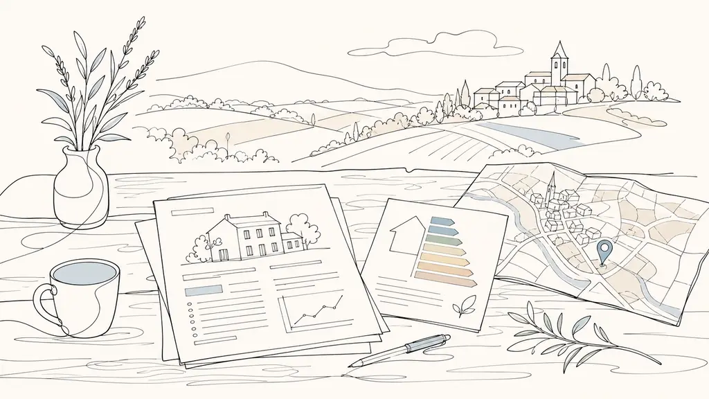 editorial real estate valuation scene in rural Gascony, printed property appraisal sheet on a wooden table, DPE energy rating document beside it, folded village map of the Gers, soft natural light, no text or logo