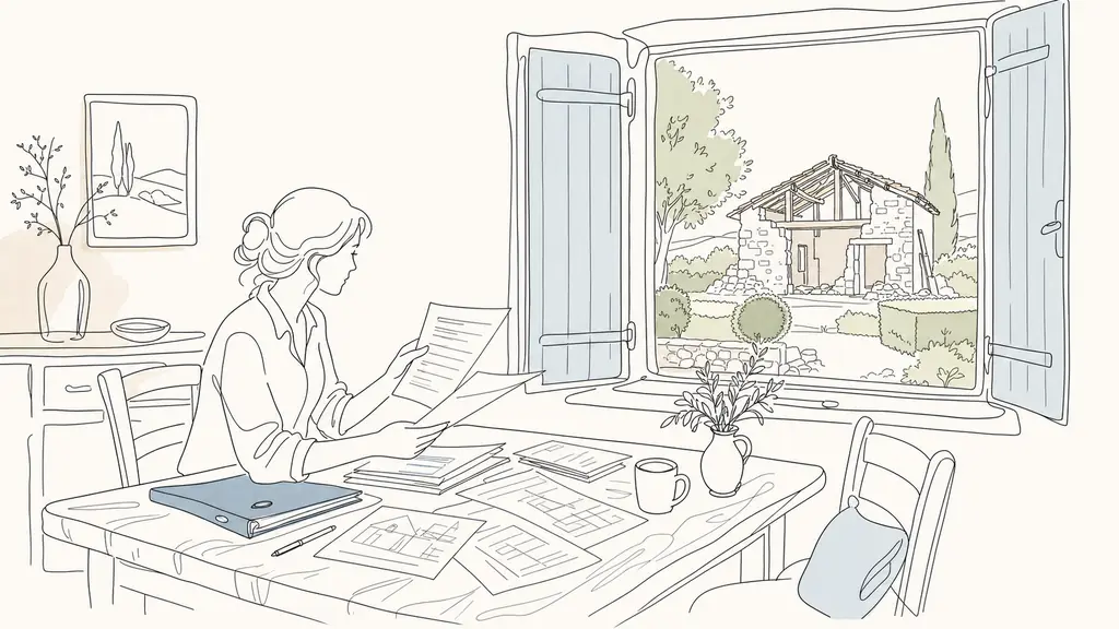 editorial real estate preparation scene in rural Gascony, seller reviewing diagnostic papers and renovation invoices on a wooden dining table, open shutters facing a neatly trimmed garden, a partially cleared stone outbuilding visible through the window, soft natural light, no text or logo
